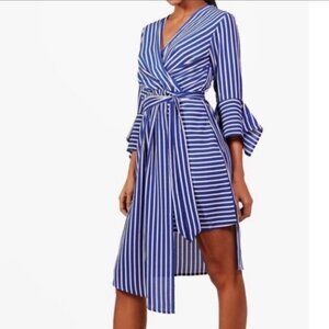 Boohoo Blue and White Asymmetrical Striped Dress